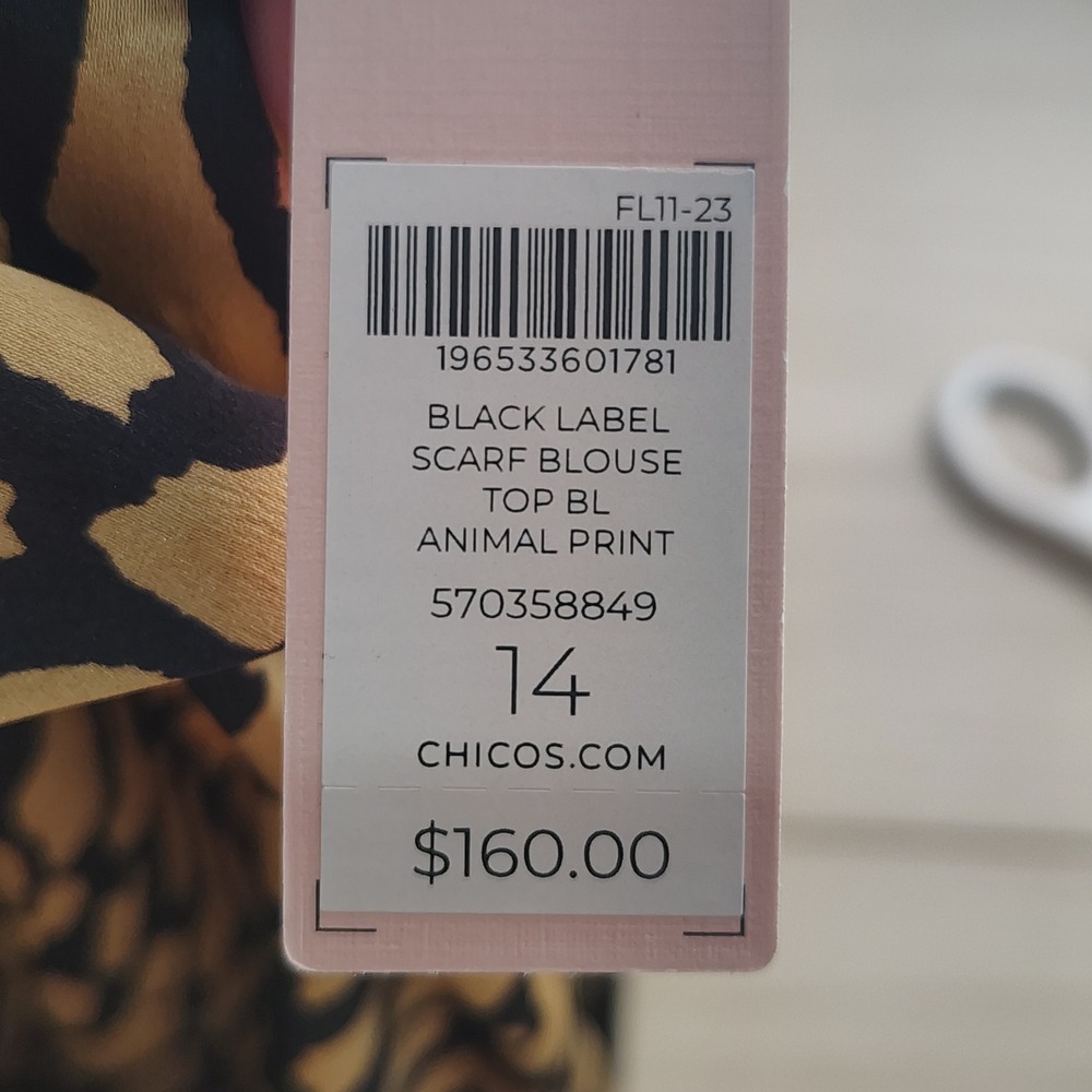 CHICOS BLACK LABEL SCARF BLOUSE LEOPARD WOMENS 14 CAREER SATIN SECRETARY LARGE - Picture 6 of 6